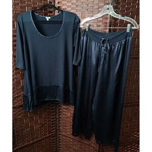 PJ Harlow Pajama Set Kiki Ribbed Satin Trim Top & Jolie Capri Pants Size XL Blue